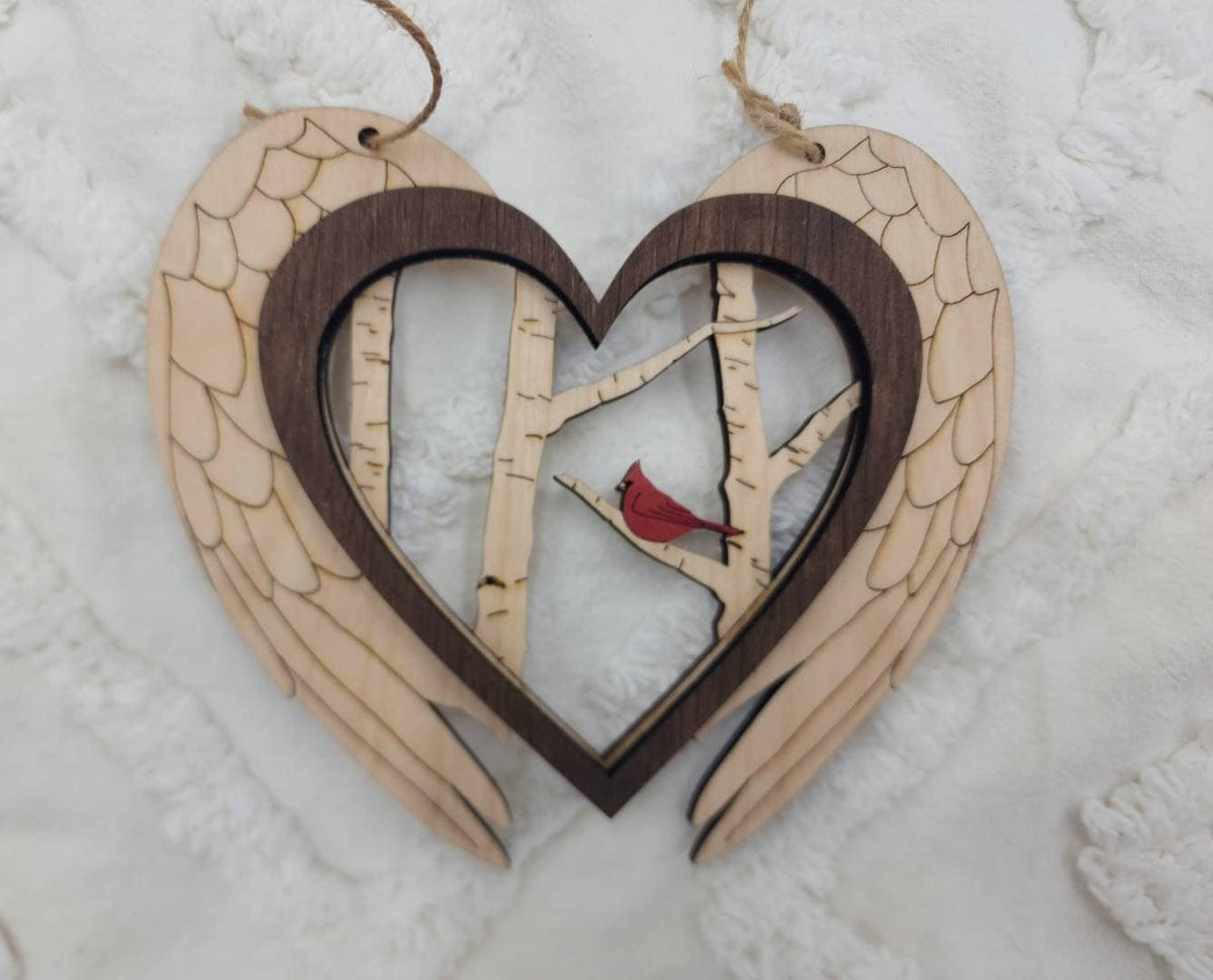 Cardinal Angel Wing Orament, Layered Wood Ornament cardinal, memorial Cardinals, Gift for loved one, Car Charm