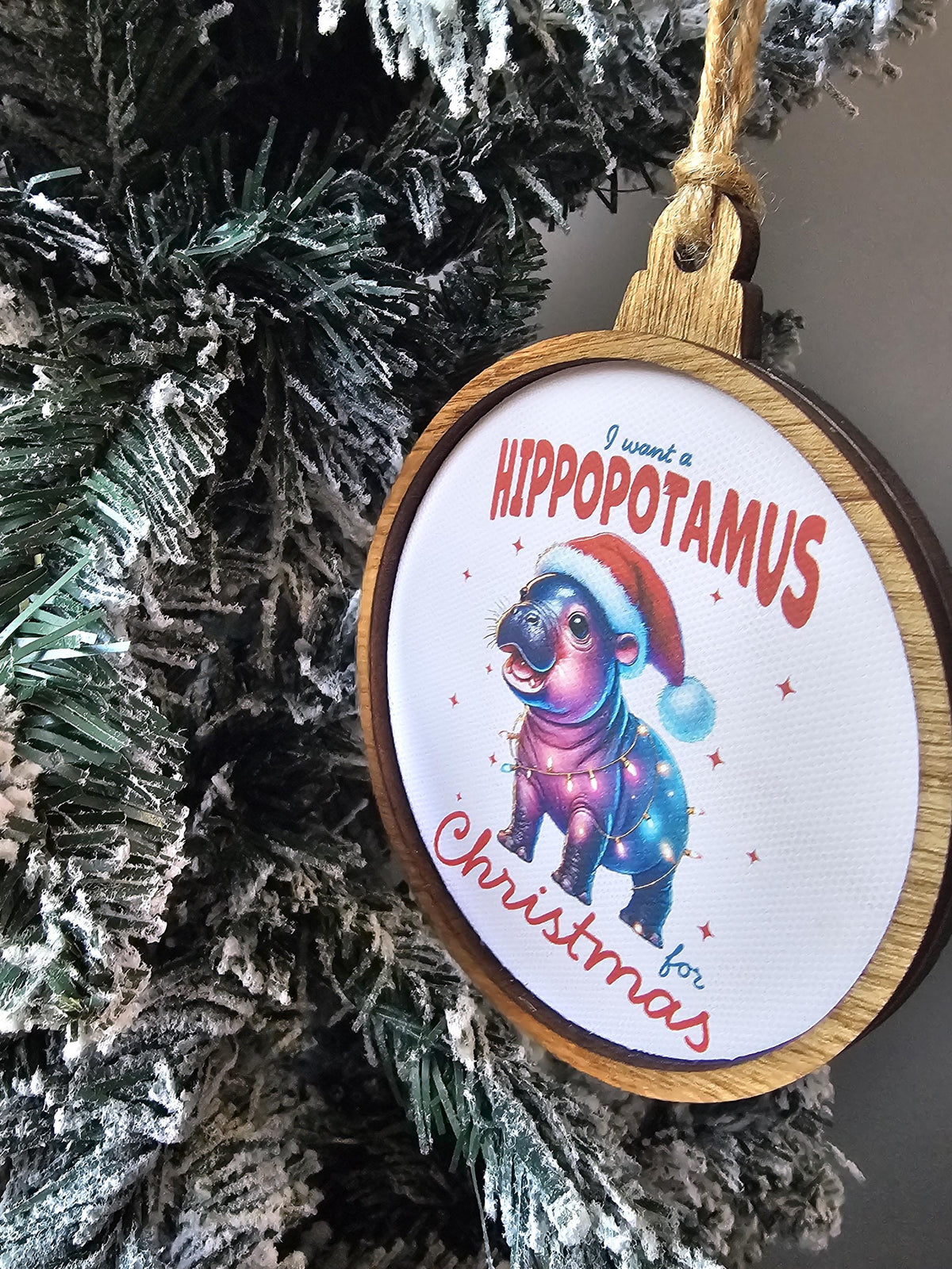 Hippo Ornament, I want a hippopotamus for Christmas canvas and wood handmade ornament, Hippo Christmas Ornament