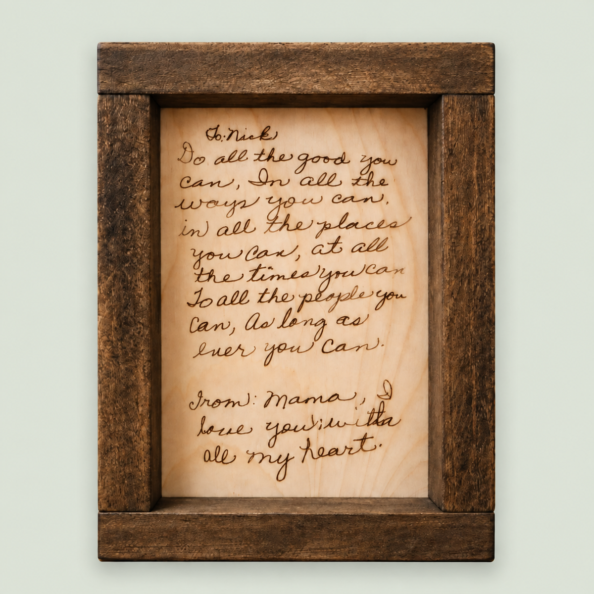 Framed handwriting keepsake on a soft sage background