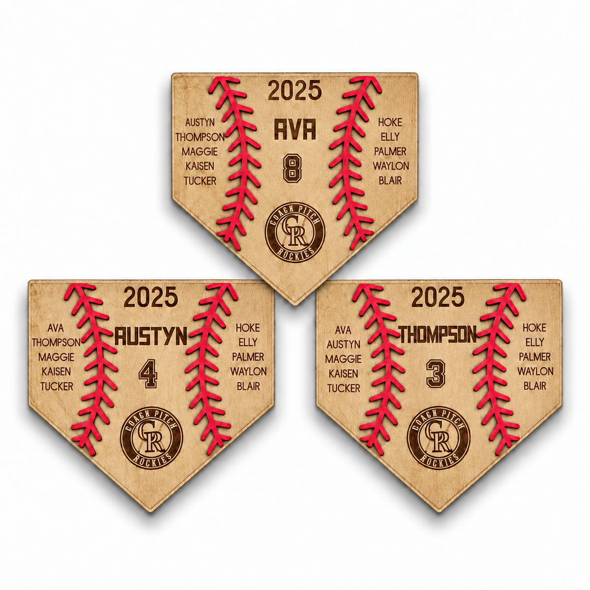 Ava, Austyn and Thompson personalized baseball plaques in warm natural wood on a white background