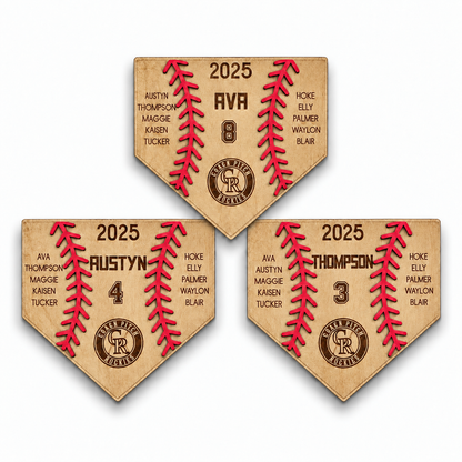 Ava, Austyn and Thompson personalized baseball plaques in warm natural wood on a white background