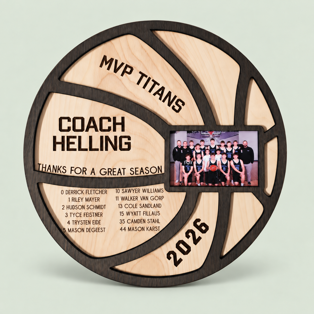 Personalized basketball coach plaque with team photo and player names on a soft sage background