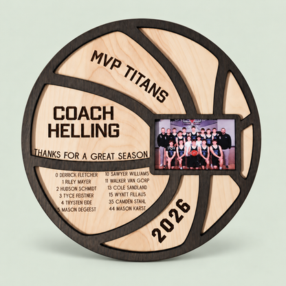 Personalized basketball coach plaque with team photo and player names on a soft sage background