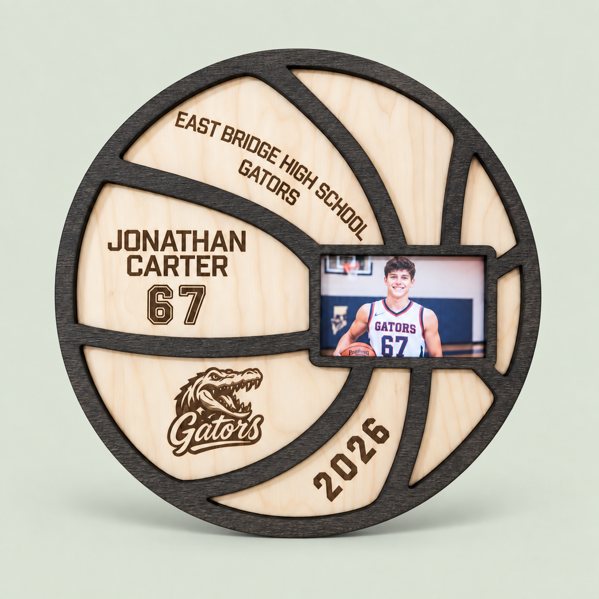 Personalized basketball senior plaque with player photo on a soft sage background
