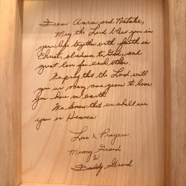 Natalie's Etsy customer photo of her personalized handwriting keepsake
