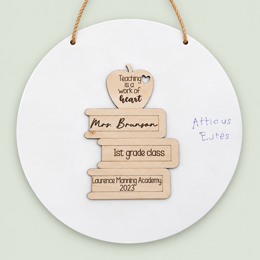 Round teacher appreciation sign for Mrs. Brunson with colorful student signatures on soft sage.