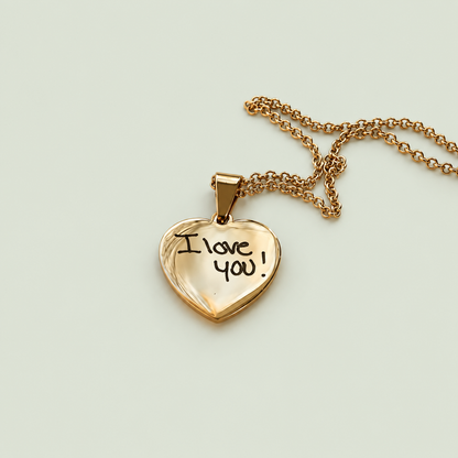 Gold heart necklace engraved with handwritten I love you, on a gold chain.