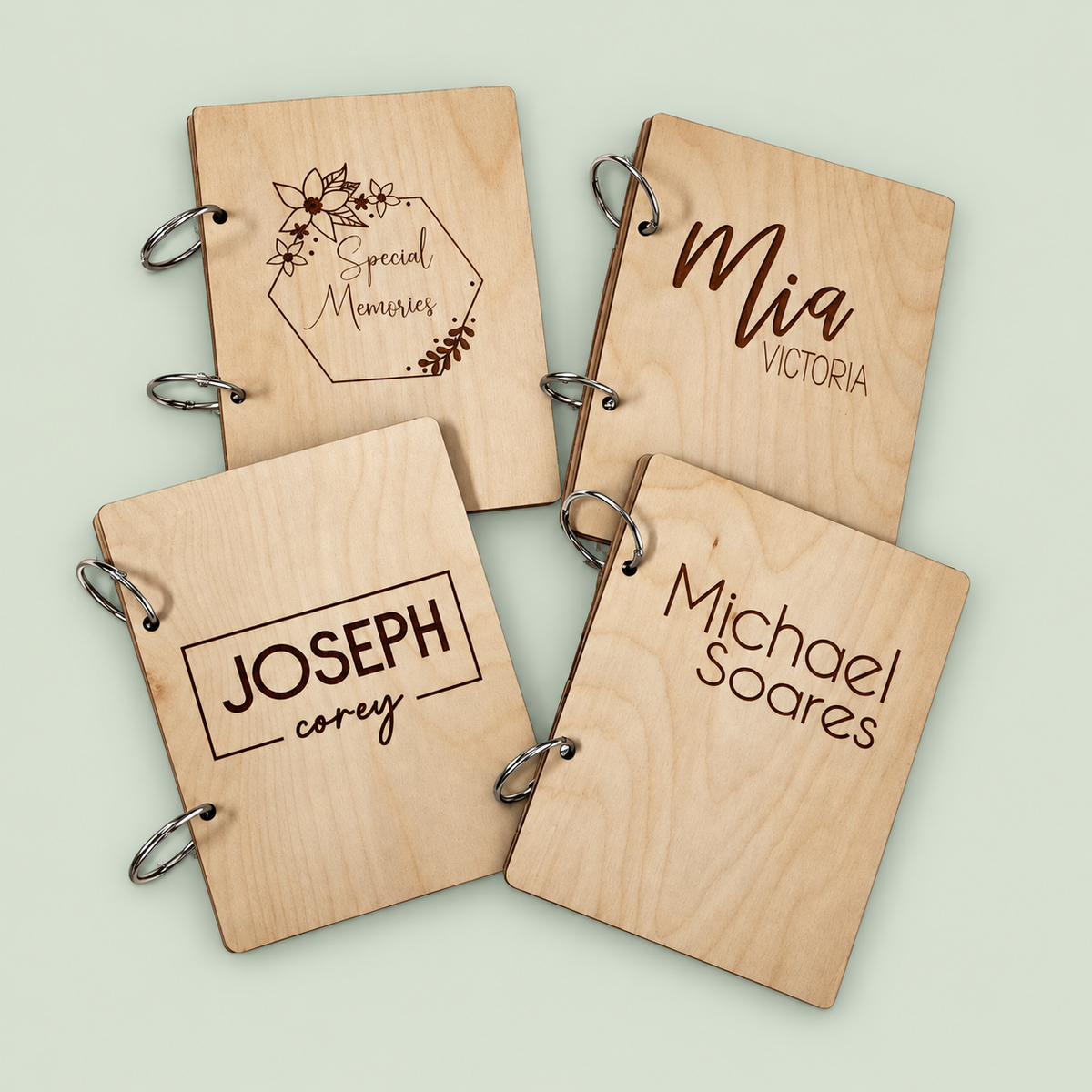 Four wooden greeting card keepers showing personalized name and floral Special Memories designs.
