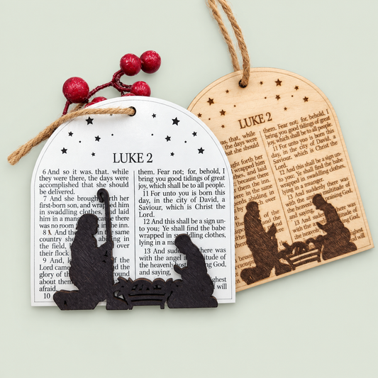 White and natural wood Luke 2 nativity ornaments with twine hangers on a soft sage background.