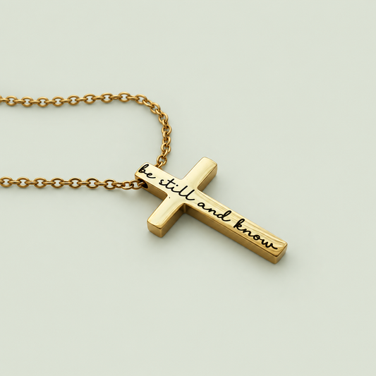 Gold cross necklace engraved be still and know, displayed on a soft sage background.