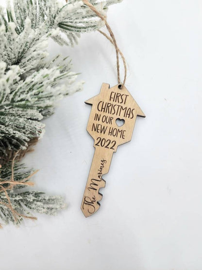 New Home Ornament,  Personalized First Christmas in new home ornament 2024 | house key wood ornament | Housewarming Gift