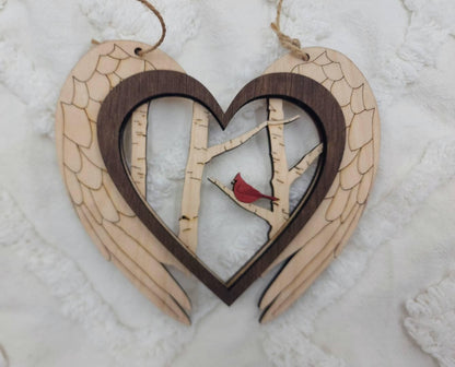 Cardinal Angel Wing Orament, Layered Wood Ornament cardinal,  memorial Cardinals, Gift for loved one, Car Charm