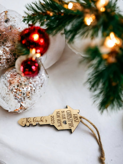 New Home Ornament,  Personalized First Christmas in new home ornament 2024 | house key wood ornament | Housewarming Gift