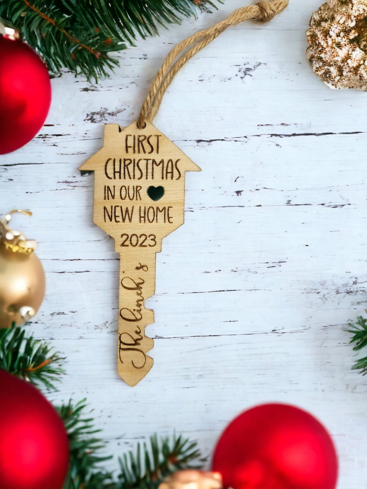 New Home Ornament,  Personalized First Christmas in new home ornament 2024 | house key wood ornament | Housewarming Gift