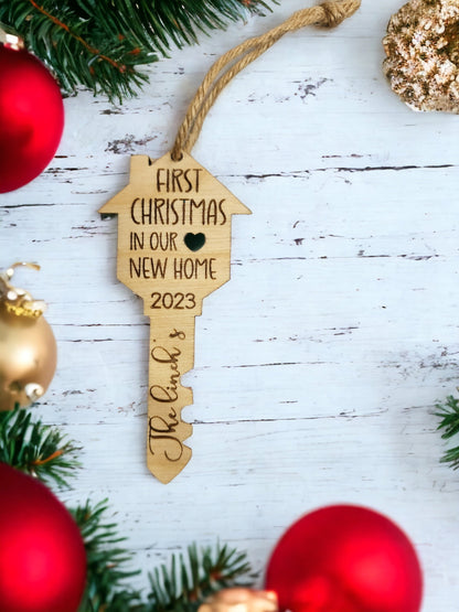 New Home Ornament,  Personalized First Christmas in new home ornament 2024 | house key wood ornament | Housewarming Gift
