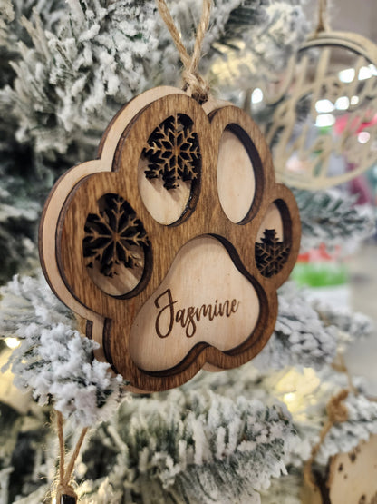 Personalized Pet ornament, 3D Wood Paw Print Ornament, Custom Pet Paw Print, Memorial ornament, Dog Mom Gift, Engraved Pet na