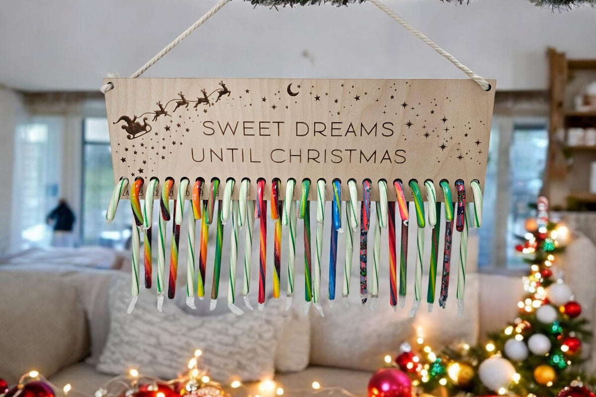 Candy Cane Christmas Countdown - 25 Hole Candy Holder | Santa and Sleigh | Sweet Dreams Until Christmas