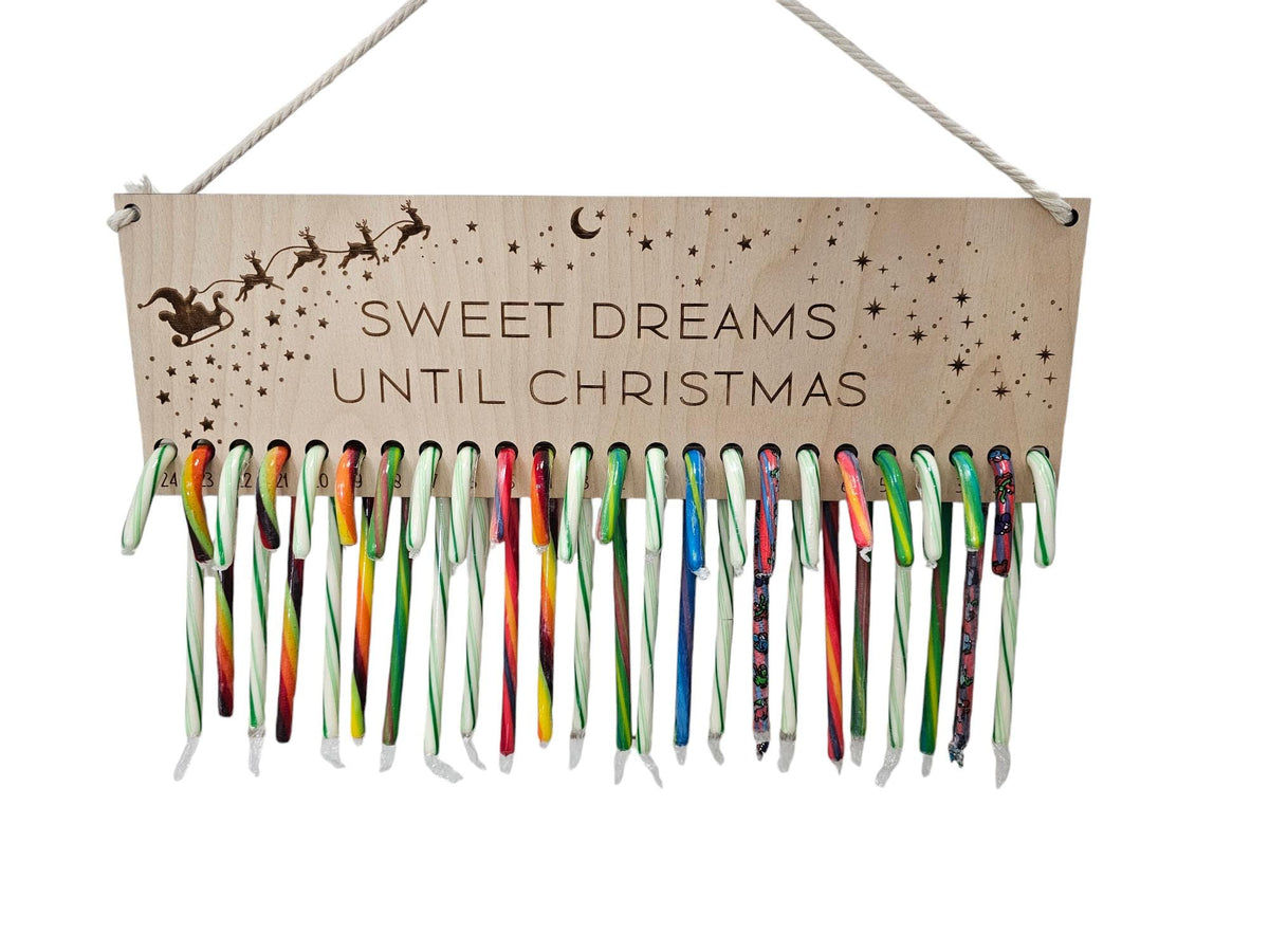Candy Cane Christmas Countdown - 25 Hole Candy Holder | Santa and Sleigh | Sweet Dreams Until Christmas