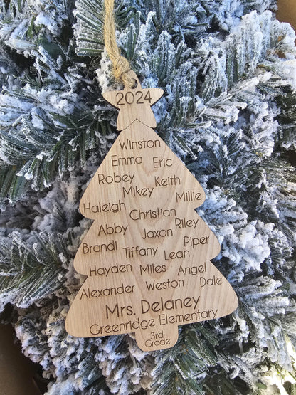 Class Ornament, Custom Engraved Christmas Tree Ornament with Class Roster, Personalized teacher gift, Class Gift, Teacher Orn