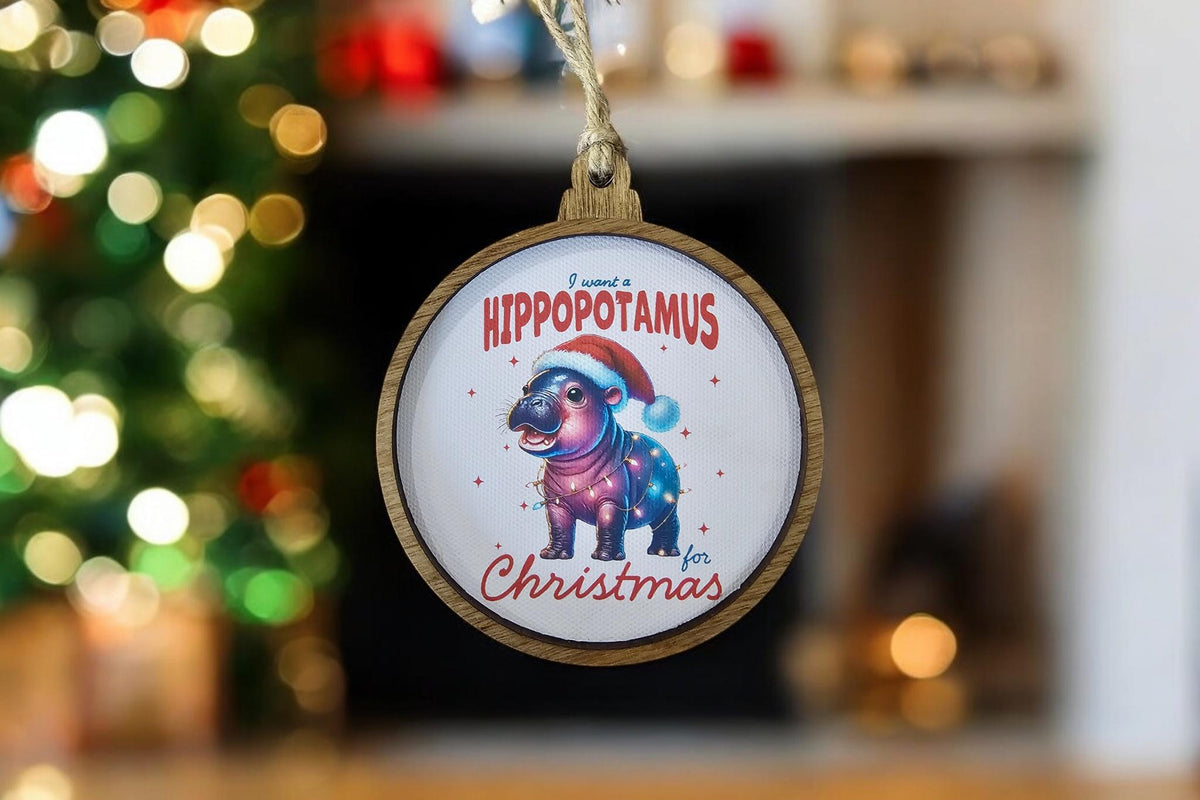Baby Hippo Cutesy Ornament,  I want a hippopotamus for Christmas canvas and wood handmade ornament