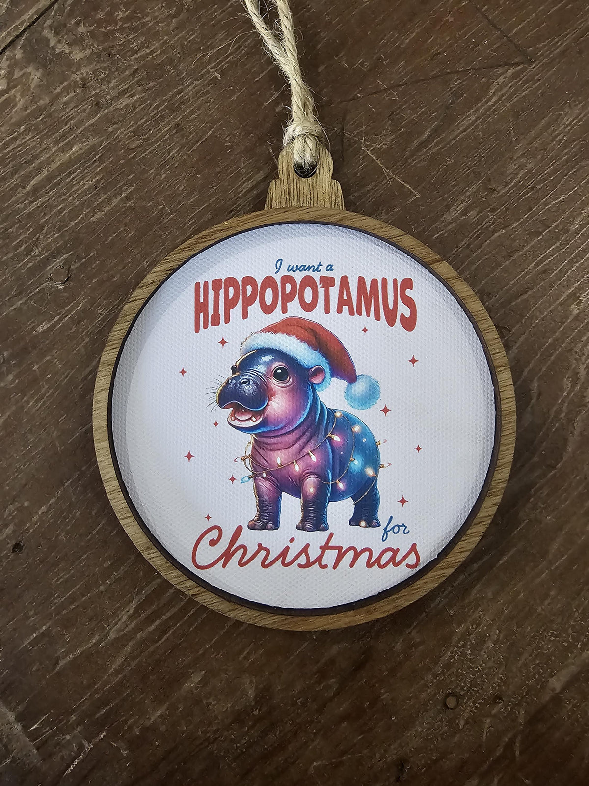 Baby Hippo Cutesy Ornament,  I want a hippopotamus for Christmas canvas and wood handmade ornament
