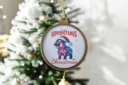 Baby Hippo Cutesy Ornament,  I want a hippopotamus for Christmas canvas and wood handmade ornament