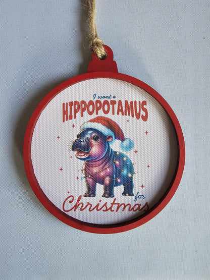 Hippo Ornament, I want a hippopotamus for Christmas canvas and wood handmade ornament, Hippo Christmas Ornament