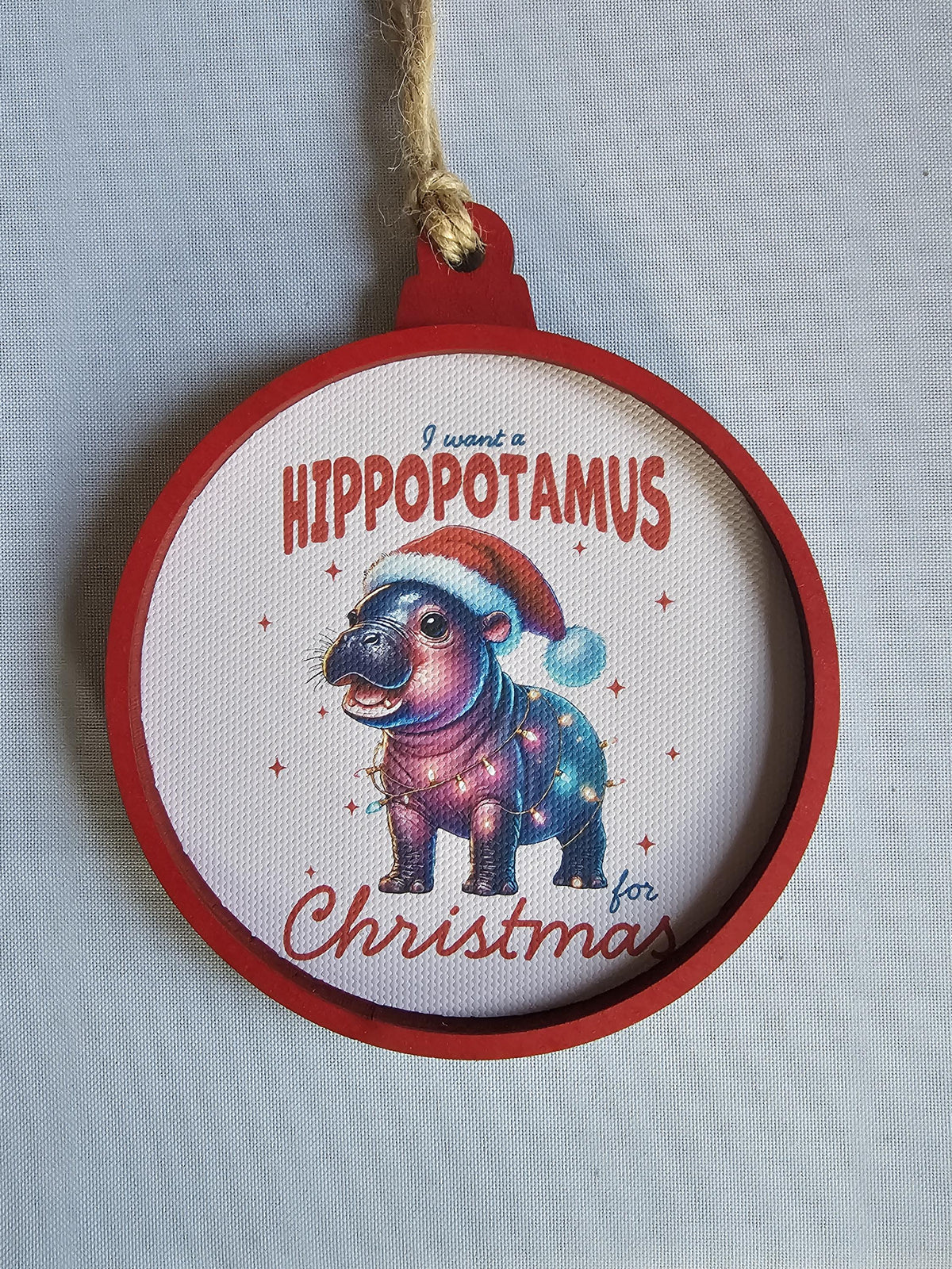 Baby Hippo Cutesy Ornament,  I want a hippopotamus for Christmas canvas and wood handmade ornament