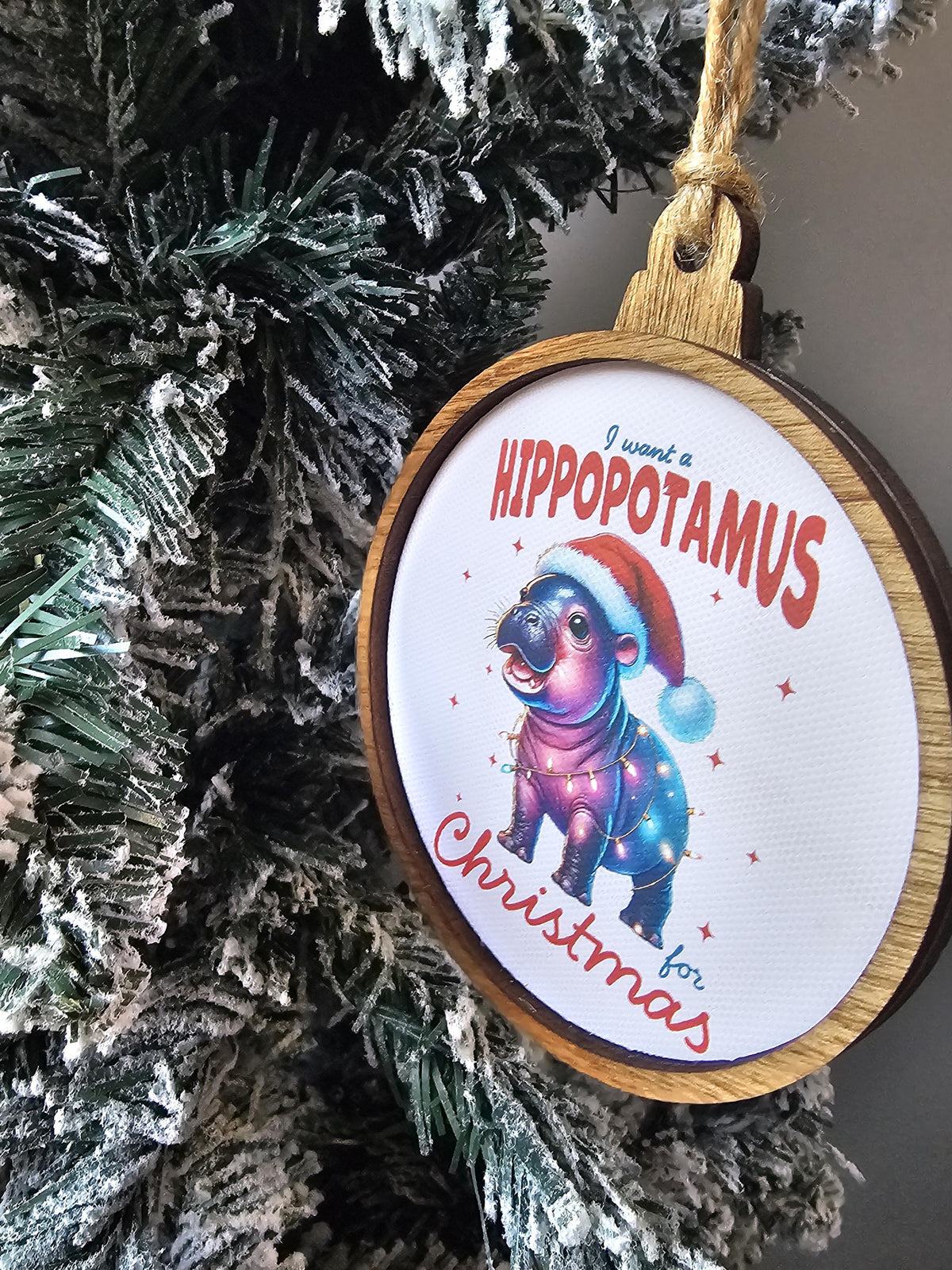 Baby Hippo Cutesy Ornament,  I want a hippopotamus for Christmas canvas and wood handmade ornament
