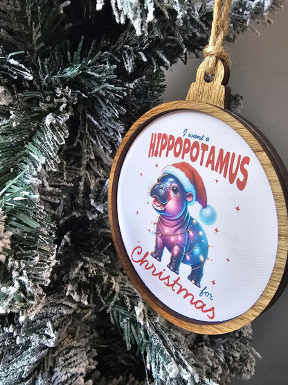 Baby Hippo Cutesy Ornament,  I want a hippopotamus for Christmas canvas and wood handmade ornament