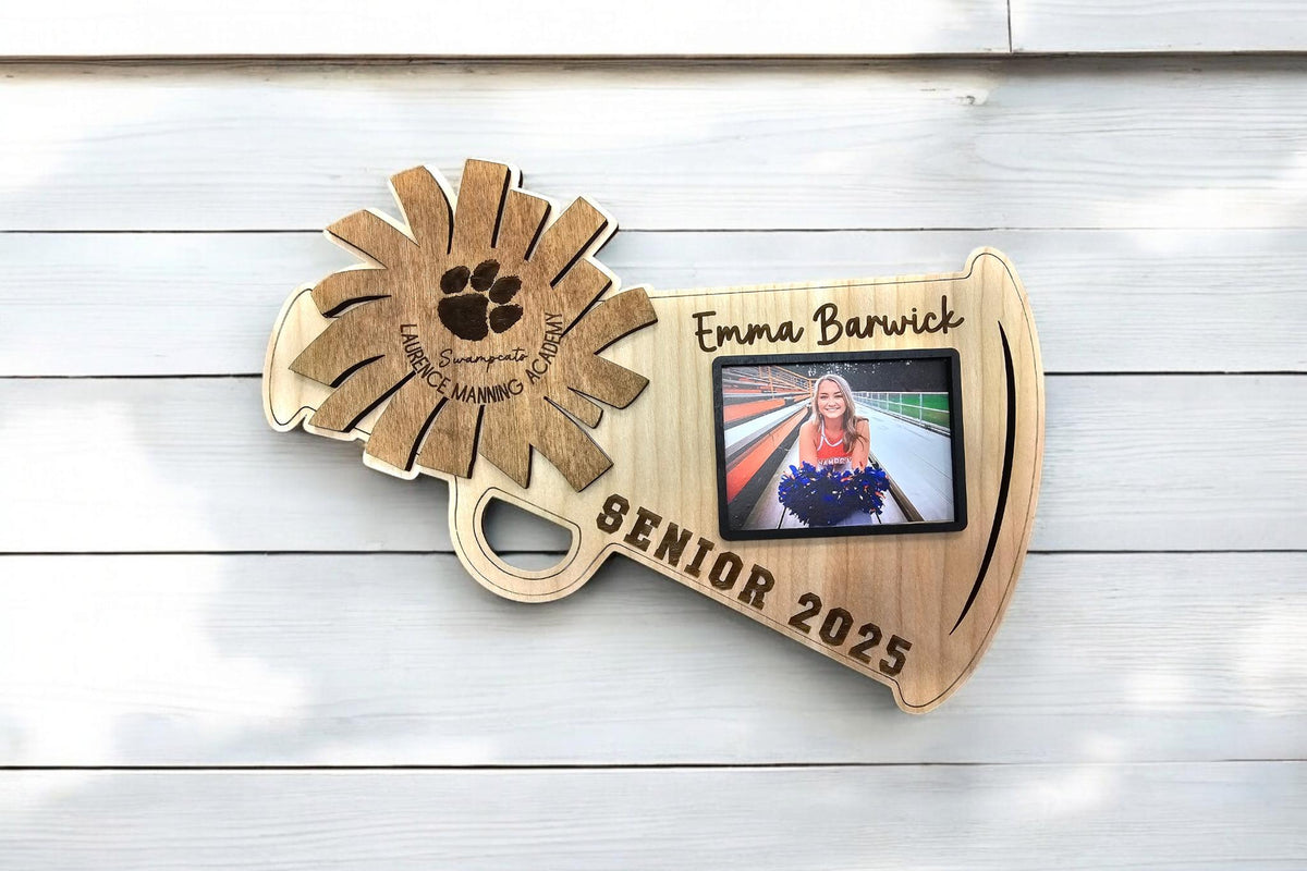 Personalized Senior Cheer Megaphone Photo Plaque, Custom Graduation Gift for High School Cheerleader, Class of 2027 Cheer gif