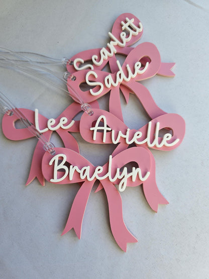 Personalized Pink Acrylic Bow Bag Tag: Custom Name Backpack Charm, Book Bag Bow tag, Back to school