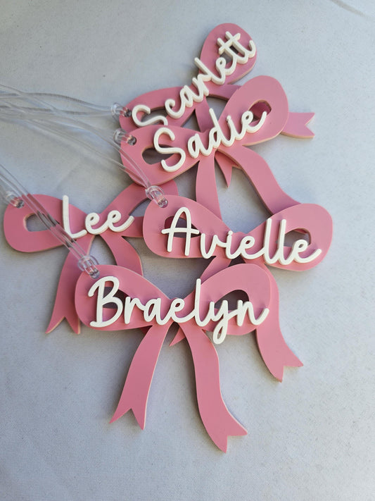Personalized Pink Acrylic Bow Bag Tag: Custom Name Backpack Charm, Book Bag Bow tag, Back to school