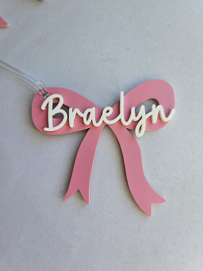 Personalized Pink Acrylic Bow Bag Tag: Custom Name Backpack Charm, Book Bag Bow tag, Back to school