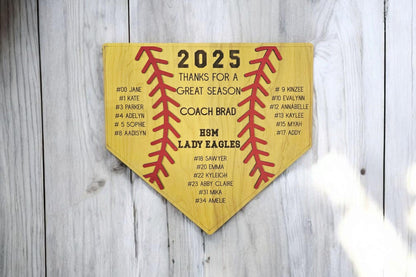 Personalized Softball Coach Gift | Yellow Wood Softball Home Plate Plaque | Custom Coach Gift | End of Season Coach Gift