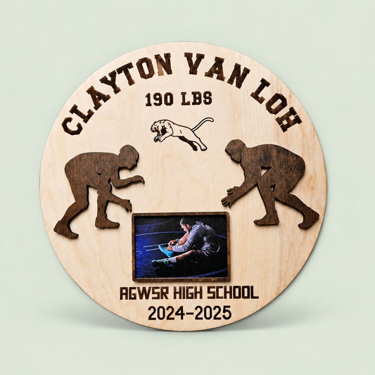 Personalized wooden wrestling award with athlete photo on a soft sage background