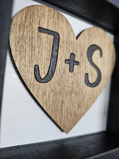 Personalized Initial Heart Wood Sign, 3D Heart Framed Decor, Custom Couple Gift for Wedding, Valentines or Anniversary