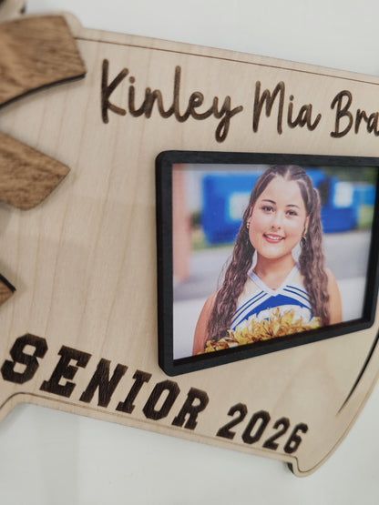 Personalized Cheer Megaphone Photo Plaque, Cheer Senior Gift, Cheerleading Senior Night 2026, Class of 2027, Custom Cheer Ban