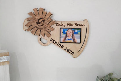 Personalized Senior Cheer Megaphone Photo Plaque, Custom Graduation Gift for High School Cheerleader, Class of 2027 Cheer gif