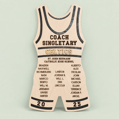 Personalized wrestling coach singlet plaque with team names on a soft sage background