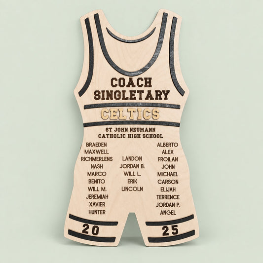 Personalized wrestling coach singlet plaque with team names on a soft sage background
