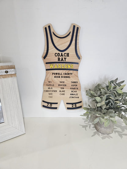 Personalized Wrestling Coach Plaque | Custom Singlet Wood Sign | Wrestling Team Gift | Coach Appreciation Plaque | Senior Nig