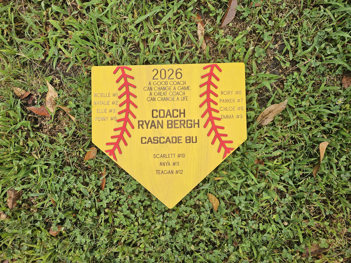 Personalized Softball Coach Gift | Yellow Wood Softball Home Plate Plaque | Custom Coach Gift | End of Season Coach Gift