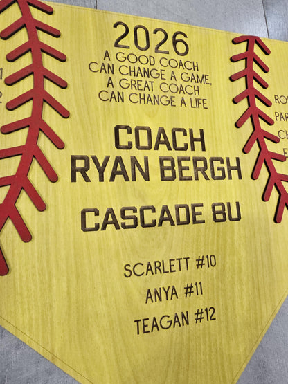 Personalized Softball Coach Gift | Yellow Wood Softball Home Plate Plaque | Custom Coach Gift | End of Season Coach Gift
