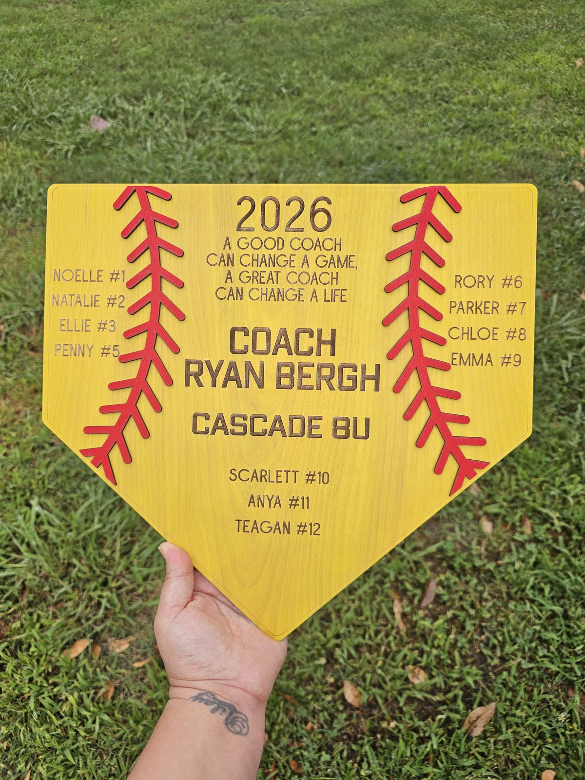 Personalized Softball Coach Gift | Yellow Wood Softball Home Plate Plaque | Custom Coach Gift | End of Season Coach Gift