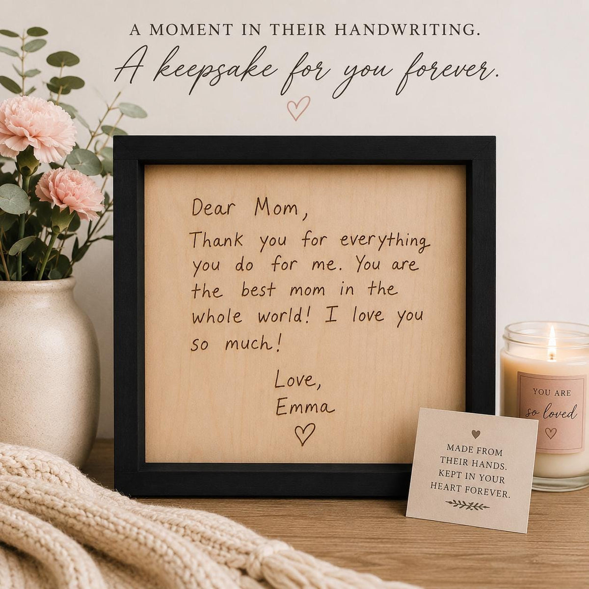 Handwritten Note Engraved on Wood for Mom, Framed Handwriting Keepsake, Personalized Anniversary gift, Handwritten Engrave Mo