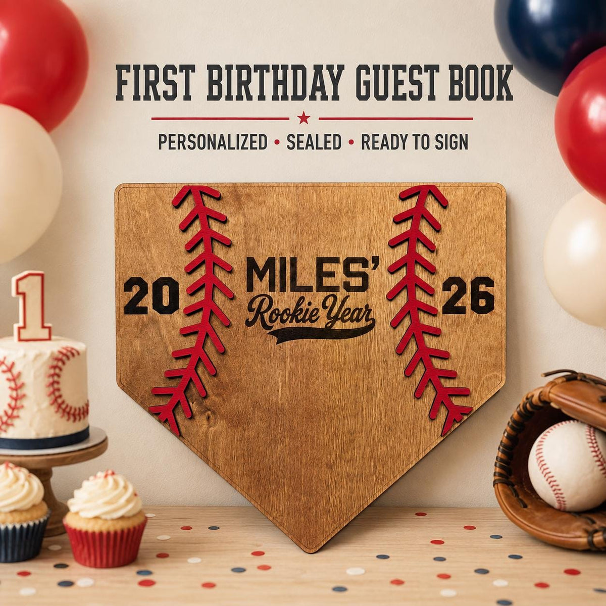 Personalized Rookie Year First Birthday Guest Book Alternative, Baseball Party Decor, Wood Home Plate Sign Keepsake