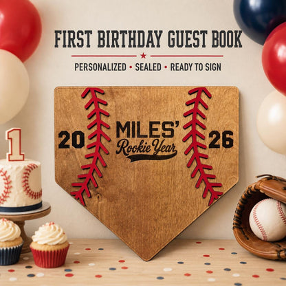 Personalized Rookie Year First Birthday Guest Book Alternative, Baseball Party Decor, Wood Home Plate Sign Keepsake