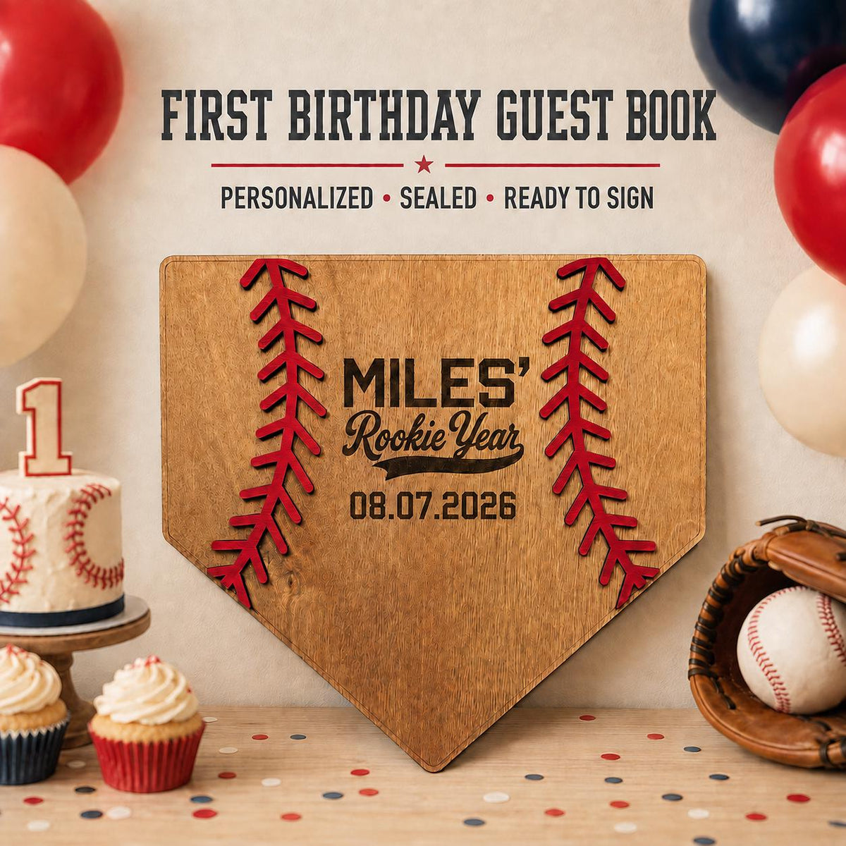 Personalized Rookie Year First Birthday Guest Book Alternative, Baseball Party Decor, Wood Home Plate Sign Keepsake