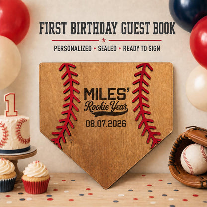 Personalized Rookie Year First Birthday Guest Book Alternative, Baseball Party Decor, Wood Home Plate Sign Keepsake